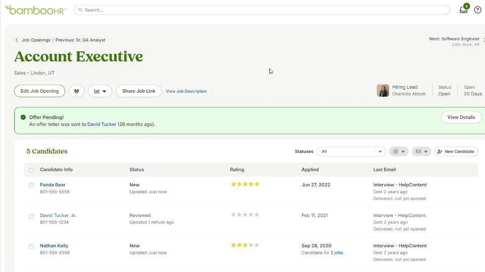 Animated GIF showing a BambooHR candidate management page for an Account Executive role. Steps in the animation:The user checks boxes next to multiple candidates’ names in a table.A green banner appears at the top labeled Bulk editing, confirming the number of candidates selected.Candidate rows display details such as Name, Stars, Rating, Applied date, and Last Contact.The user interacts with dropdown filters and action buttons above the table.The interface shows navigation to pages of candidates at the bottom.